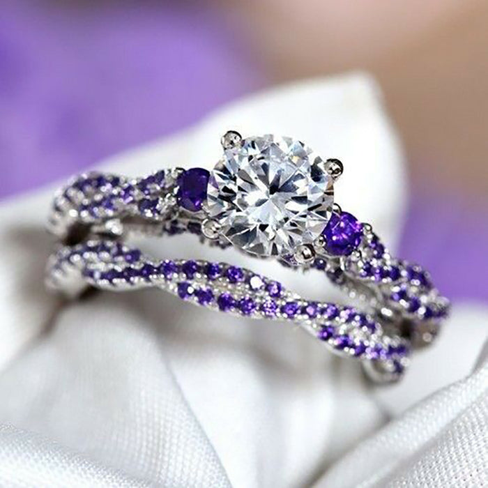 Micro-paved purple zircon couple's fashion ring