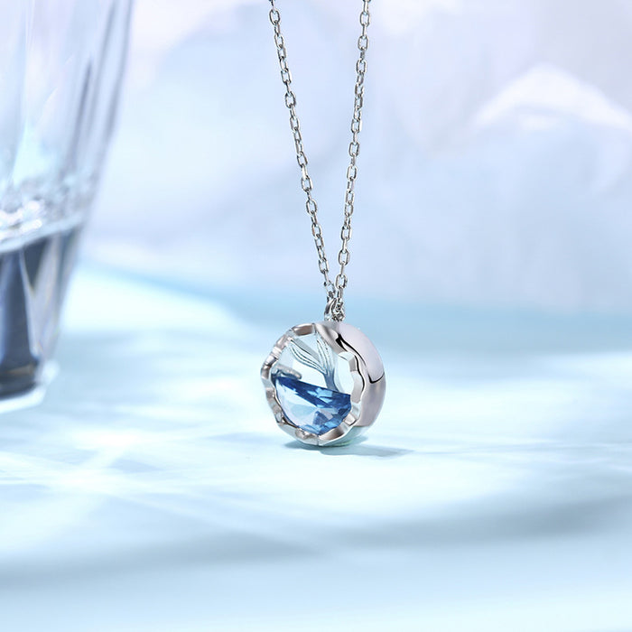 Mermaid tear clavicle necklace for women, creative ocean blue crystal pendant