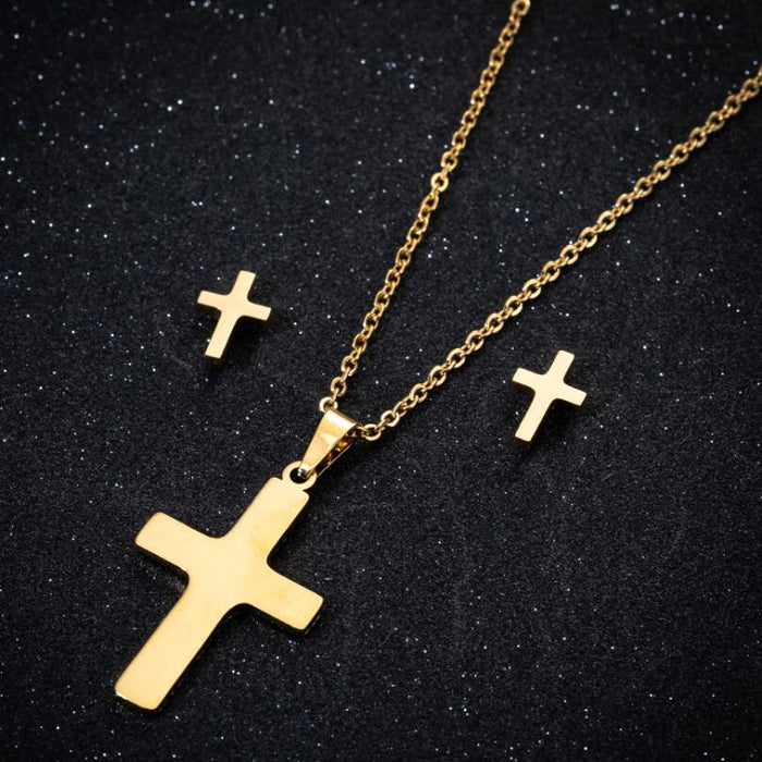 Cross pendant necklace earrings three-piece set, Korean mini simple cross-border accessories