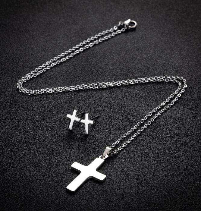 Cross pendant necklace earrings three-piece set, Korean mini simple cross-border accessories