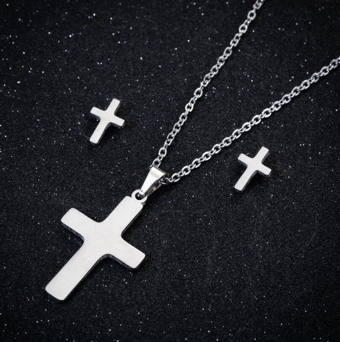 Cross pendant necklace earrings three-piece set, Korean mini simple cross-border accessories