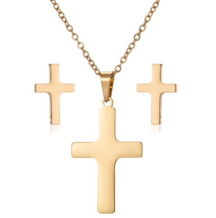 Cross pendant necklace earrings three-piece set, Korean mini simple cross-border accessories