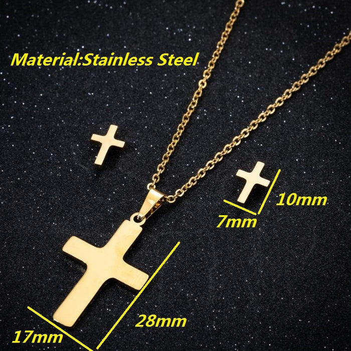 Cross pendant necklace earrings three-piece set, Korean mini simple cross-border accessories