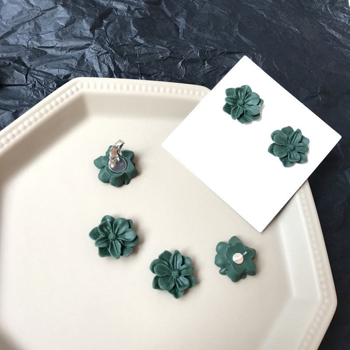 Dark green gardenia earrings retro Hong Kong style all-match earrings two-piece set