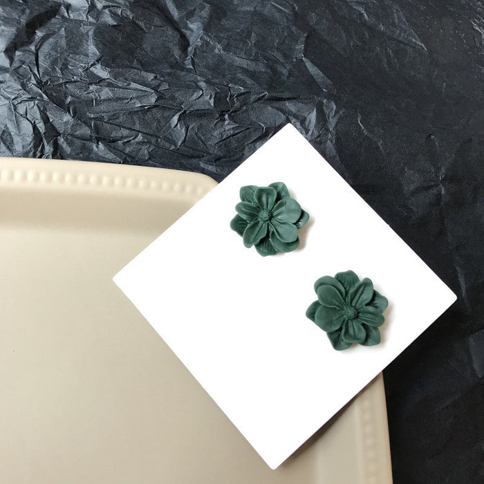 Dark green gardenia earrings retro Hong Kong style all-match earrings two-piece set