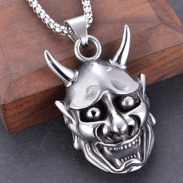 Mask ghost head with horn evil men's stainless steel pendant - wallojewerly 