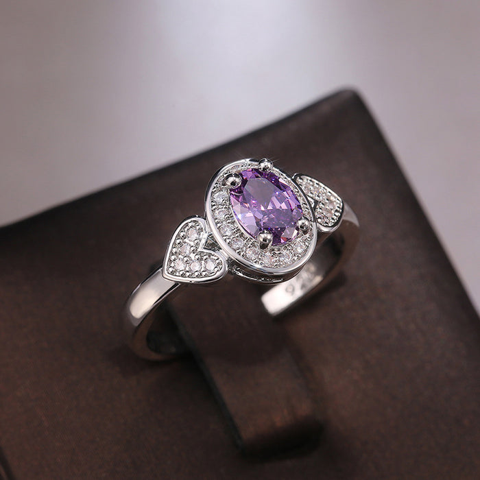 Anillo de circonita morada para mujer, diseño creativo retro.