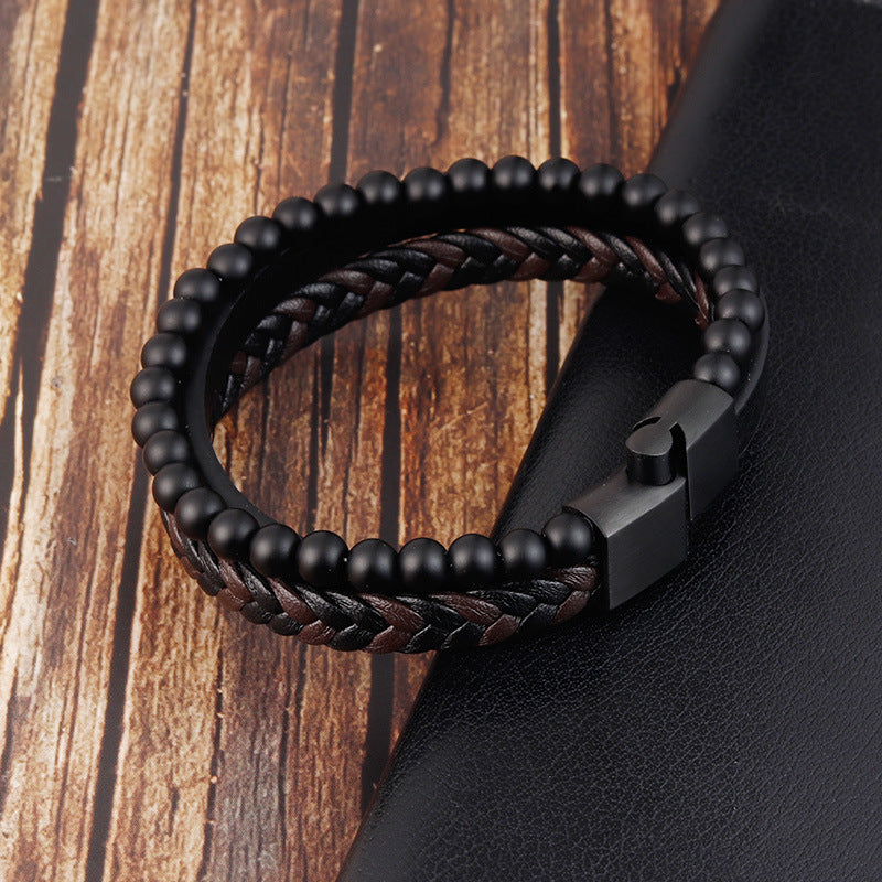 Bracelet Stainless Steel Leather Woven Natural Stone - wallojewerly 