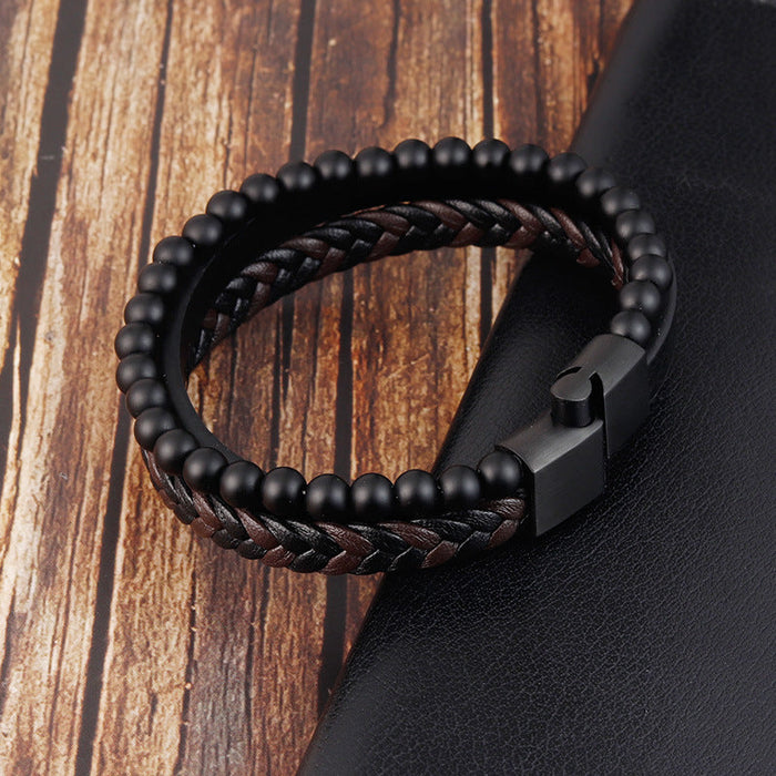 Bracelet Stainless Steel Leather Woven Natural Stone - wallojewerly 