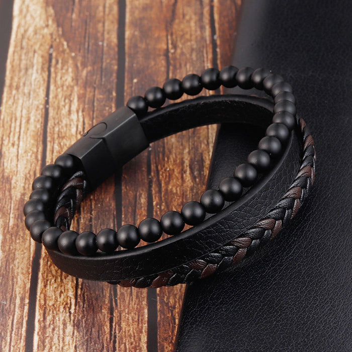 Bracelet Stainless Steel Leather Woven Natural Stone - wallojewerly 