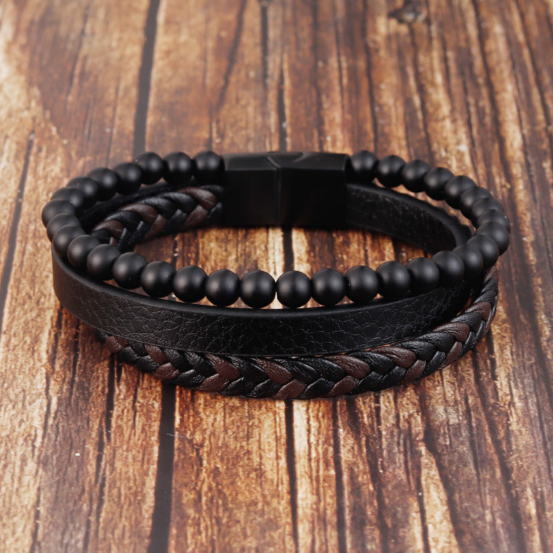 Bracelet Stainless Steel Leather Woven Natural Stone - wallojewerly 