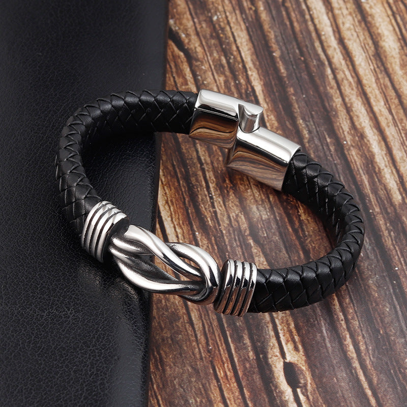 Bracelet Stainless Steel Hand Textile Cow Leather - wallojewerly 