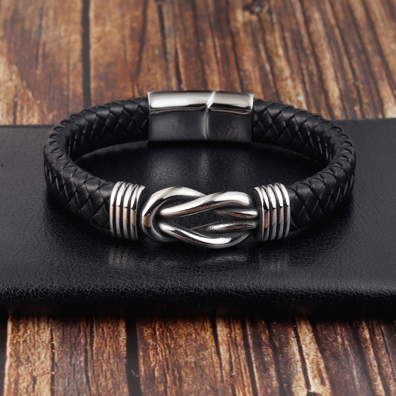 Bracelet Stainless Steel Hand Textile Cow Leather - wallojewerly 