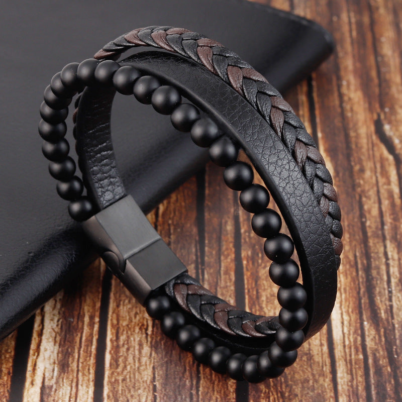Bracelet Stainless Steel Leather Woven Natural Stone - wallojewerly 