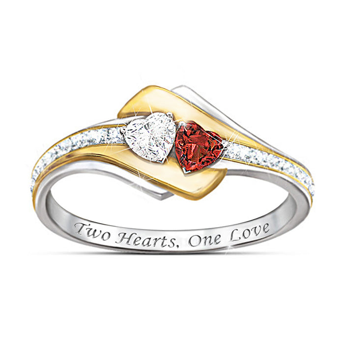 Double heart two-color engraved ring