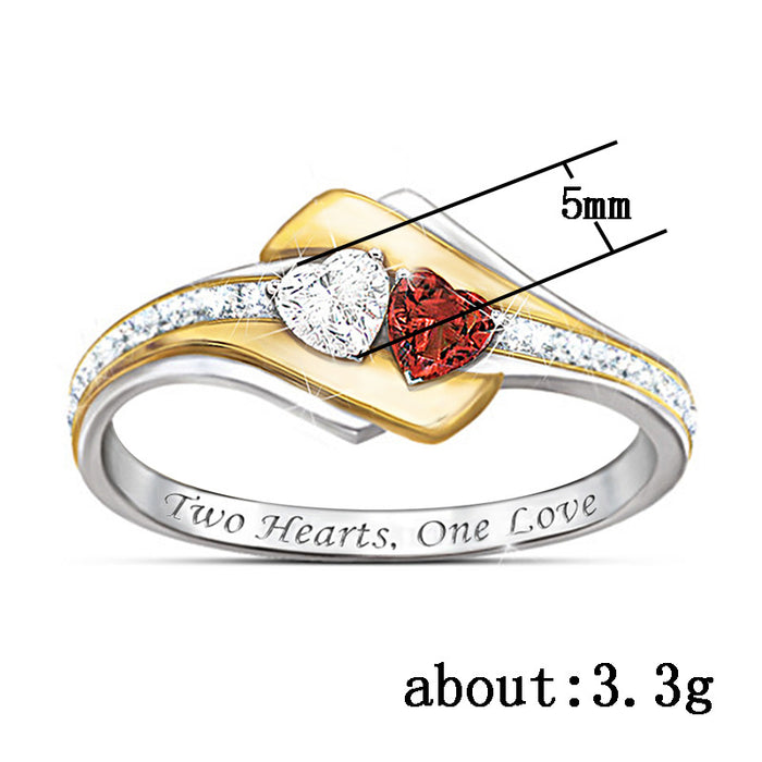 Double heart two-color engraved ring