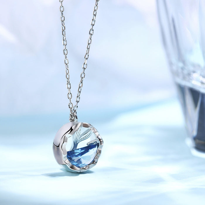 Mermaid tear clavicle necklace for women, creative ocean blue crystal pendant