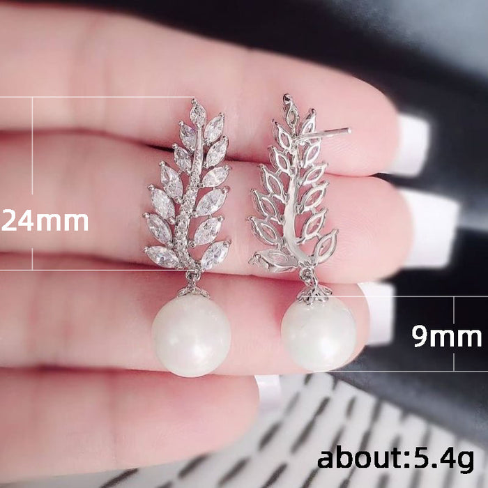 Women's imitation pearl earrings simple leaf shape earrings