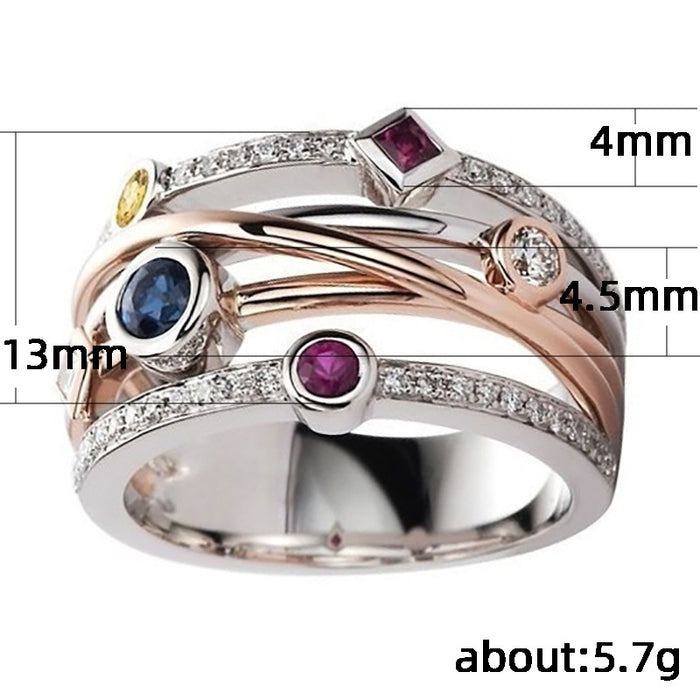 Geometric lines multi-color zircon ring trend hip-hop style ring
