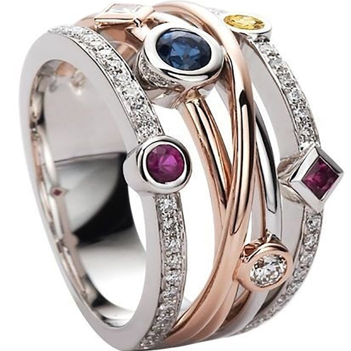 Geometric lines multi-color zircon ring trend hip-hop style ring
