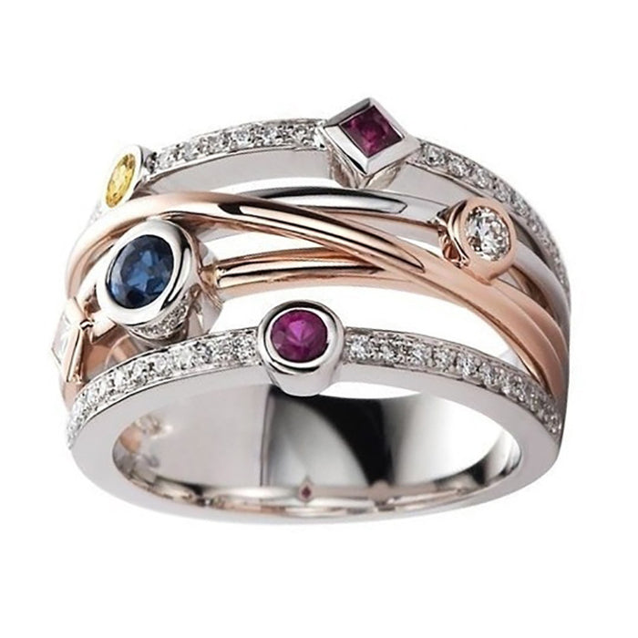 Geometric lines multi-color zircon ring trend hip-hop style ring