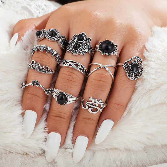 Bohemian Flower Ring Set - 11-Piece Vintage Black Gemstone Rings