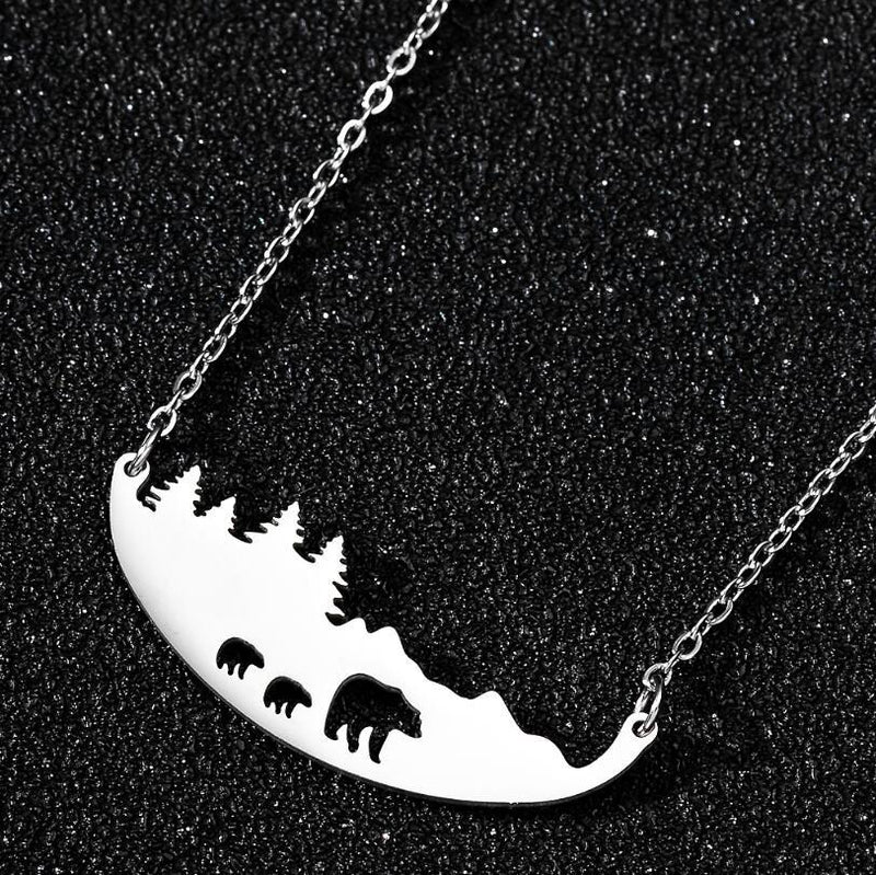 Three Bears Forest Pendant Necklace, Korean Fashion Girlish Hollow Mother Bear Clavicle Chain - wallojewerly 