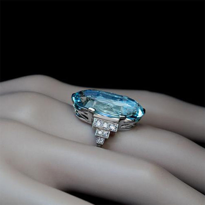 Anillo de cristal azul ovalado, joyería retro europea y americana para mujer