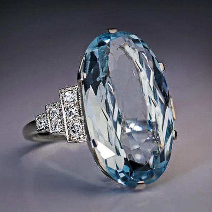 Anillo de cristal azul ovalado, joyería retro europea y americana para mujer