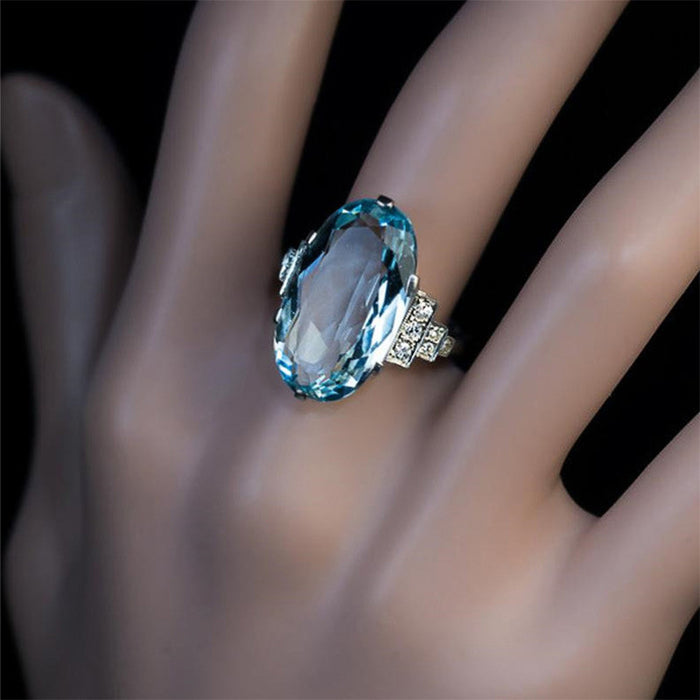 Anillo de cristal azul ovalado, joyería retro europea y americana para mujer