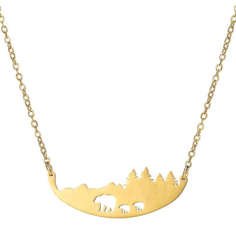 Three Bears Forest Pendant Necklace, Korean Fashion Girlish Hollow Mother Bear Clavicle Chain - wallojewerly 