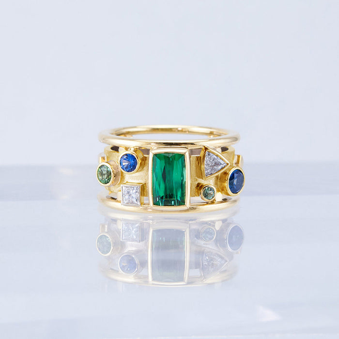 Anillo de oro estilo retro para mujer con diseño geométrico de circonita verde