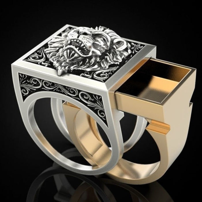 Anillo de hombre con cabeza de león, caja invisible creativa, anillo de almacenamiento