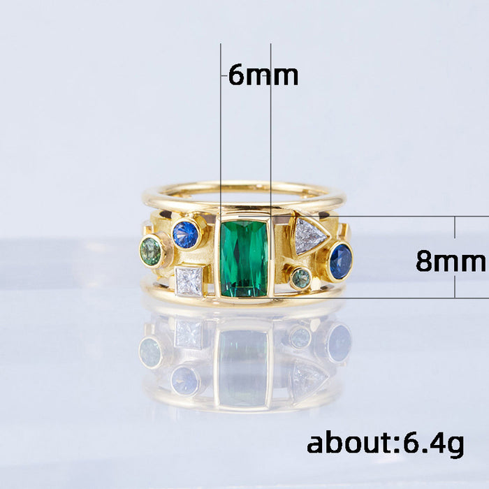 Anillo de oro estilo retro para mujer con diseño geométrico de circonita verde