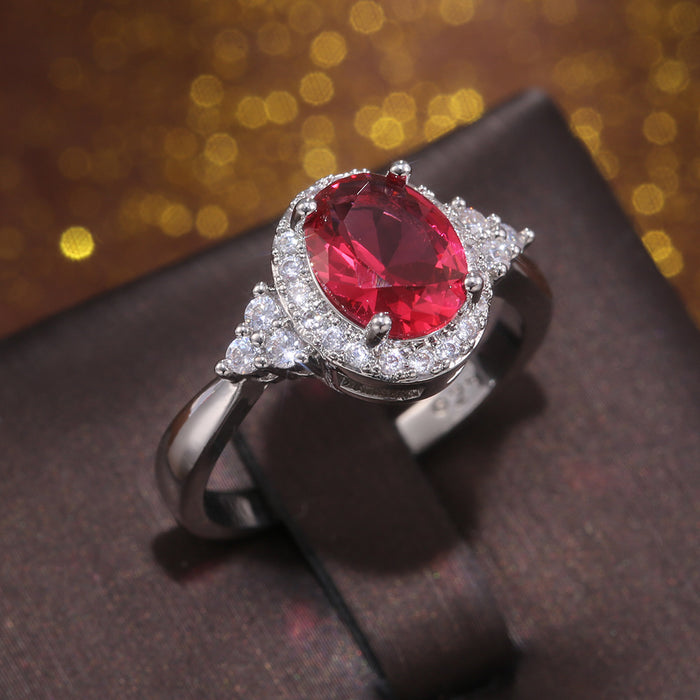 Red gemstone micro inlaid zircon ring European and American fashion women's jewelry