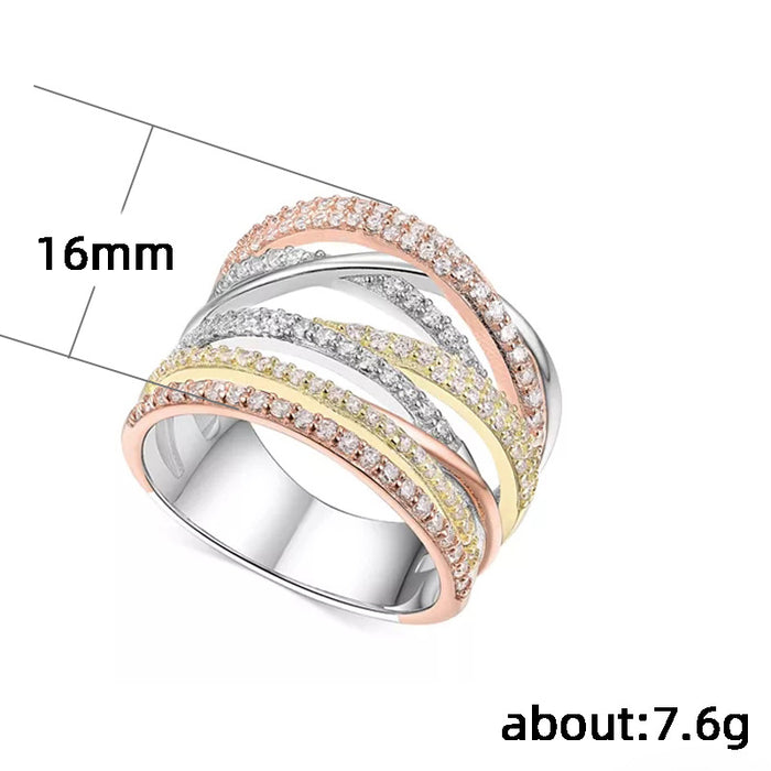 Anillo de mujer con microincrustaciones de línea geométrica de tres colores, exquisito anillo de circonitas