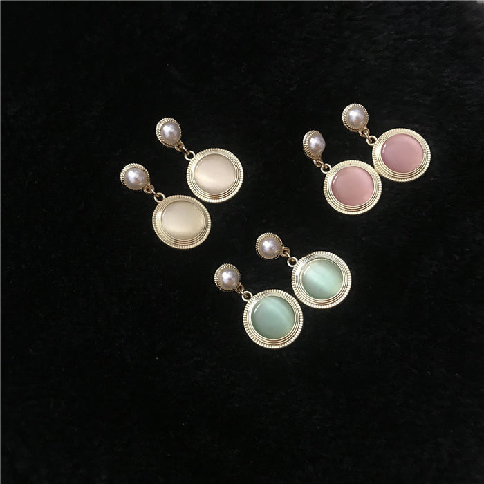 Vintage pearl cat's eye stone S925 silver earrings simple temperament earrings