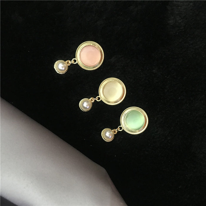 Vintage pearl cat's eye stone S925 silver earrings simple temperament earrings