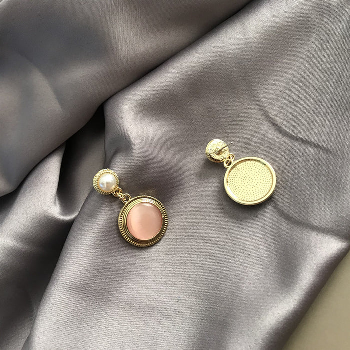 Vintage pearl cat's eye stone S925 silver earrings simple temperament earrings