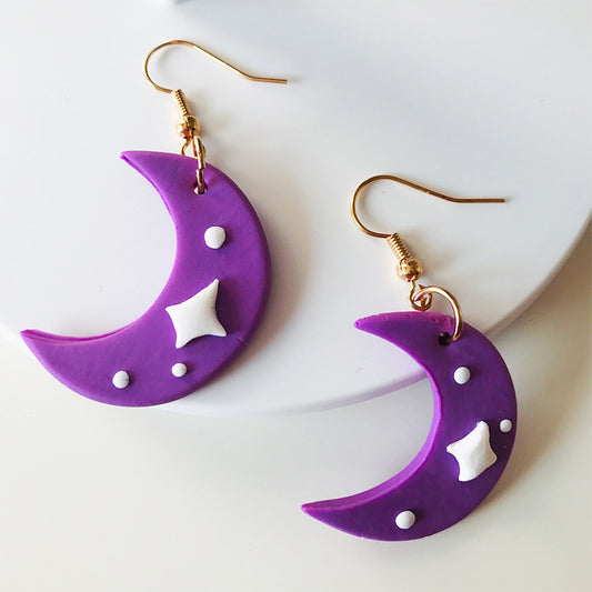 Handcrafted Cute Moon and Cloud Clay Earrings - Adorable Student Style, Factory Direct