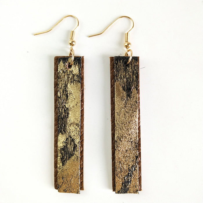 Double Layer Marquise Leather Earrings with Textured Long Hair Design