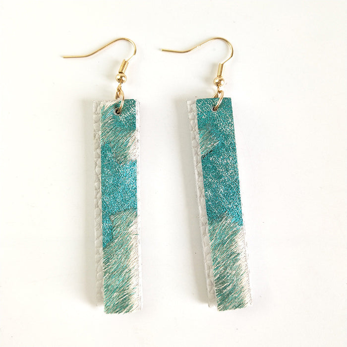 Double Layer Marquise Leather Earrings with Textured Long Hair Design