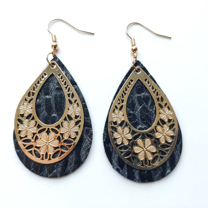 Creative Vintage Leather Earrings with Computer Chip and Cutout Flower Design