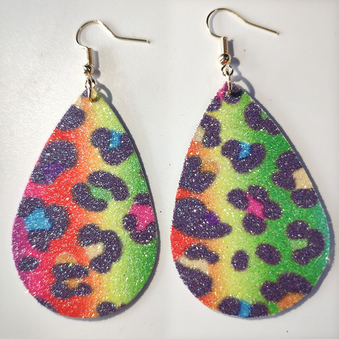 Gradient Tie-Dye Leather Earrings - Waterdrop Leopard Print Rainbow Jewelry