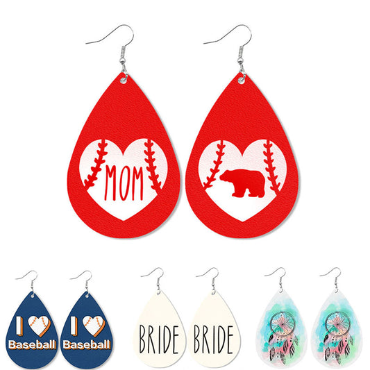 Pendientes de cuero de mamá osa para el Día de la Madre: joyería de moda con estampado de gotas de agua