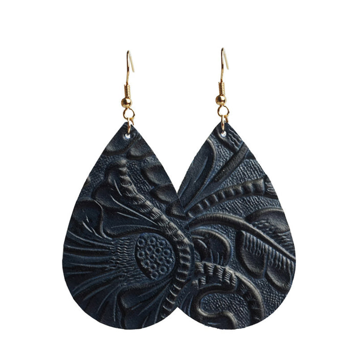 Vintage Embossed Cowhide Earrings with Turquoise and High-Quality Texture