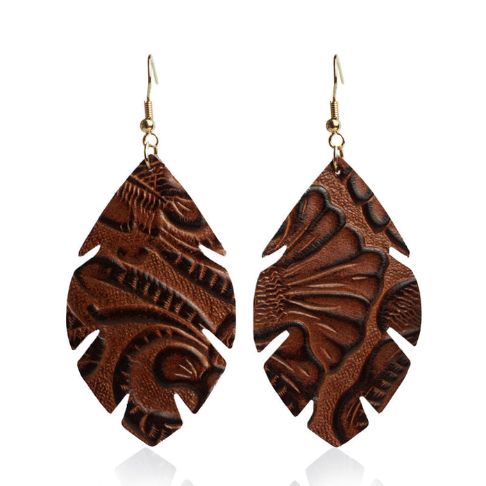 Vintage Embossed Cowhide Earrings with Turquoise and High-Quality Texture