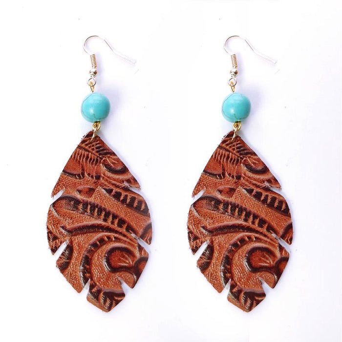 Vintage Embossed Cowhide Earrings with Turquoise and High-Quality Texture