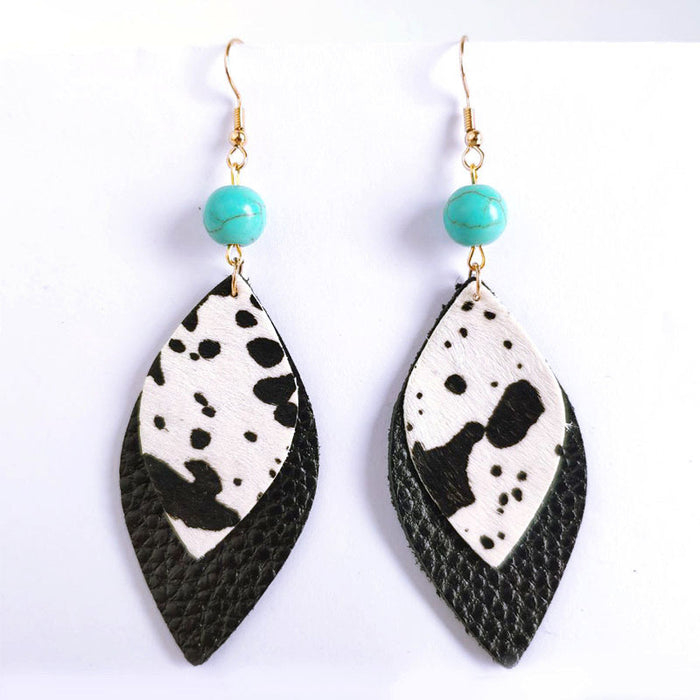 Bohemian Leather Fur Earrings - Beaded Leaf Design for Fashionable Look