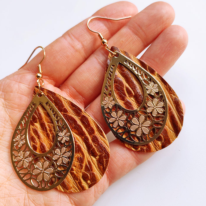 Creative Vintage Leather Earrings with Computer Chip and Cutout Flower Design